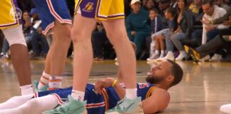 NBA: Jak on to trafił?! Stephen Curry upadając na boisko!